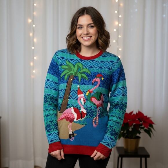 Jolly Sweaters Tropical Flamingo Christmas Pullover – Size Small - Picture 1 of 5